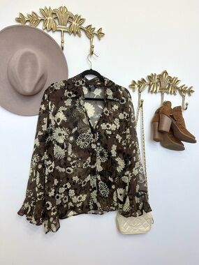 Vintage boho Floral Sheer Button-Down Blouse in Brown Xl ptp 25”